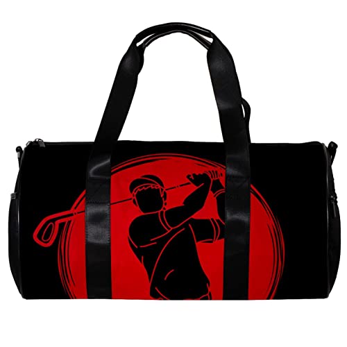 Runde Sporttasche mit abnehmbarem Schultergurt, Mann schwingender Golfspieler, Trainingshandtasche, Übernachtungstasche für Damen und Herren, mehrfarbig, 45x23x23cm/17.7x9x9in