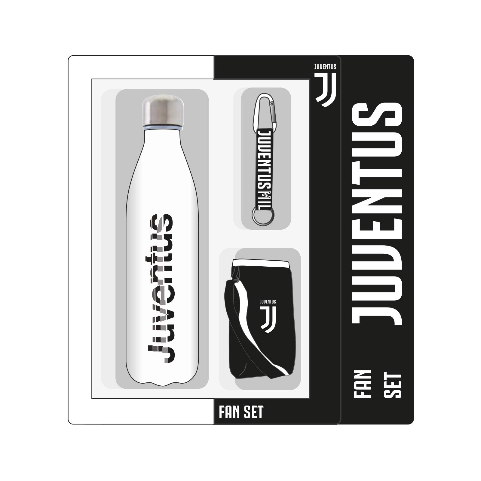Seven Fan Juventus Trinkflasche Set Farbe Schwarz und Gelb mit Hülle und Schlüsselanhänger Offizielles Produkt