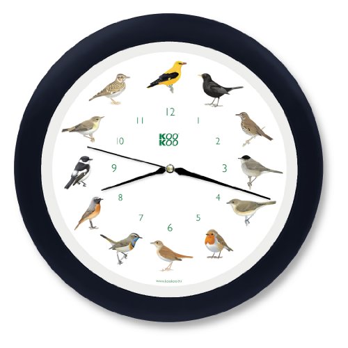 KOOKOO Singvögel Quarzwerk schwarz-blau, Die Singende Vogeluhr, ist eine Uhr mit 12 heimischen Singvögeln und echten, natürlichen Vogelstimmen, 34cm