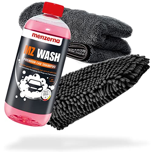 detailmate Auto Wasch- und Trockenset: menzerna MZ Wash Shampoo 1L + Chenille Waschhandschuh + Trockentuch 1000 GSM - Für die ideale Autowäsche