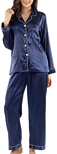Nofaner Damen Seidensatin Pyjamas, Weiche Button Down Langarm Loungewear Nachtwsche Lange Seidenhnliche Pyjamas 2-teiliges Pyjama-Set S-XL