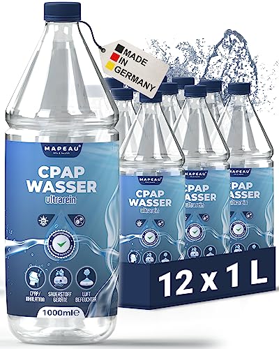 Mapeau CPAP Wasser für Sauerstoffkonzentrator, destilliertes Wasser für CPAP Geräte Atemgasbefeuchtung, keimreduziert, Luftbefeuchter, Inhalator (12x 1 Liter)