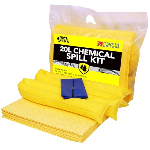 BearTOOLS 20 l Flüssigkeiten-Set (Chemikalien), hergestellt in Großbritannien, gelb, Gebrauch an verschütteten Flüssigkeiten mit Chemikalien, außen/innen, Notfall aetzende Chemikalien, Flüssigkeiten