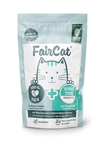 Green Petfood FairCat Sensitive (16 x 85 g), getreidefreies Katzenfutter mit Flohsamenschalen & Fenchel, Katzennassfutter für ausgewachsene und wählerische Katzen, Katzenfutter mit angenehmen Duft