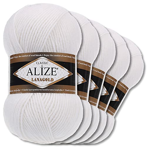 Alize 5 x 100 g Lanagold Wolle | 53 Auswahl | Stricken Häkeln Wolle (55 | Weiß)
