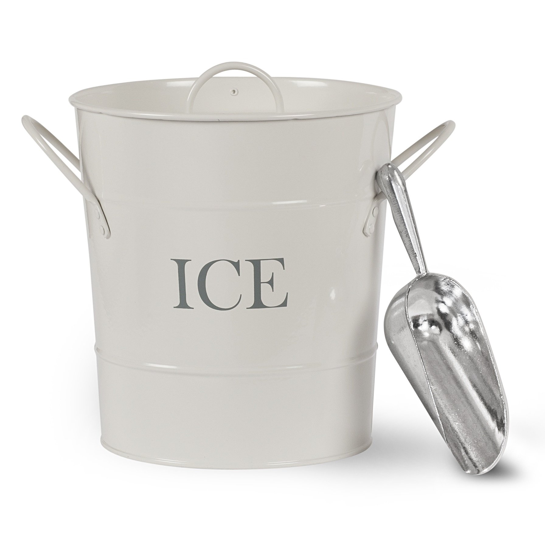 CKB LTD Ice Bucket Eiswürfelbehälter Eiseimer Eisbehälter mit Deckel Eisschaufel Schaufel Innen oder im Freien unterhaltsam Retro Vintage Themed Farbige Kreide weiß pulverbeschichtet Stahl