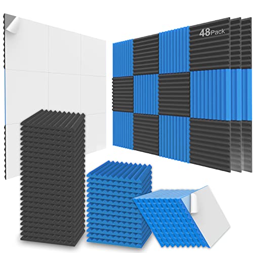 JBER Akustikschaumstoff-Platten, 48 Stück, 2,5 x 30 x 30 cm, Studio, Schalldämmung, Keil-Struktur, feuerfest, schalldicht, gepolstert, akustisch behandelter Schaumstoff, Schwarz und Blau