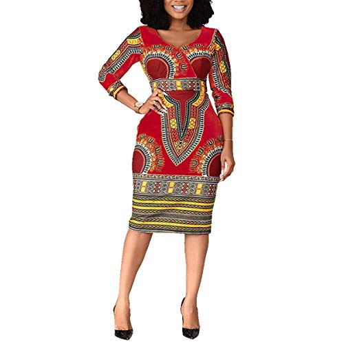 VERWIN Mid-Calf V-Ausschnitt Dreiviertel-Aermel Print Damen Bodycon Kleid Afrikanisches Midikleid Rot L