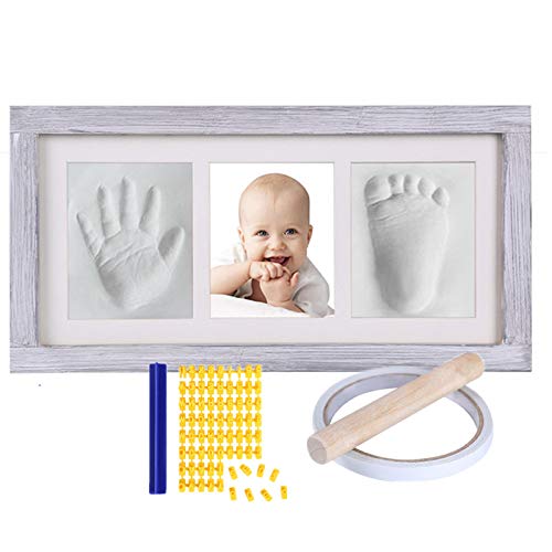 Baby Handabdruck und Fußabdruck Set, Gipsabdruck Baby Hand und Fuß mit Gipspackungen Briefschablone kit und Bilderrahmen, Geschenk zur Babyparty (Grau)