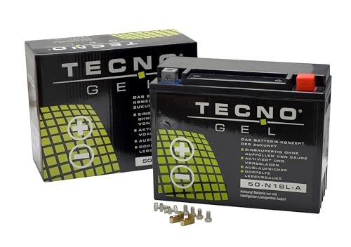 TECNO-GEL Motorrad-Batterie Y50-N18L-A, 12V Gel-Batterie 20Ah (DIN 52016), 205x90x160 mm inkl. Pfand