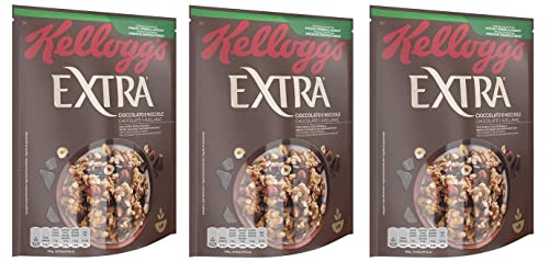 3x Kellogg's Extra Cioccolato e Nocciole Knusprige Haferflocken mit Schokolade und Haselnüssen 100% Vollkorn 375g-Packung