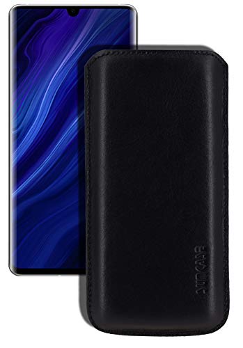 Suncase Original Leder Etui kompatibel mit Huawei P30 Pro New Edition Hülle Tasche Ultra Slim Ledertasche Schutzhülle Case (mit Rückzuglasche) in schwarz