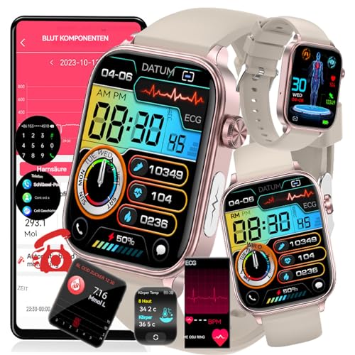 Fohatu 𝐄𝐂𝐆 Smartwatch 𝐛𝐥𝐮𝐭𝐳𝐮𝐜𝐤𝐞𝐫𝐛𝐥𝐮𝐭𝐳𝐮𝐜𝐤𝐞𝐫𝐦𝐞𝐬𝐬𝐮𝐧𝐠𝐃𝐢𝐚𝐛𝐞𝐭𝐞𝐬,Smartwatch Mit Bluetooth-Anrufe Blutfette Harnsäure Monitor,Sportuhr, Fleisch