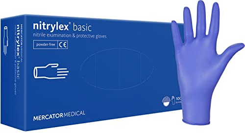 Nitrylex Basic Einweg-Nitrilhandschuhe, schützende Untersuchungshandschuhe, puderfrei, unsteril, Blau , Größe M (7-8), beidhändig tragbar, strukturierte Fingerkuppe, dispenser box 100 Stk