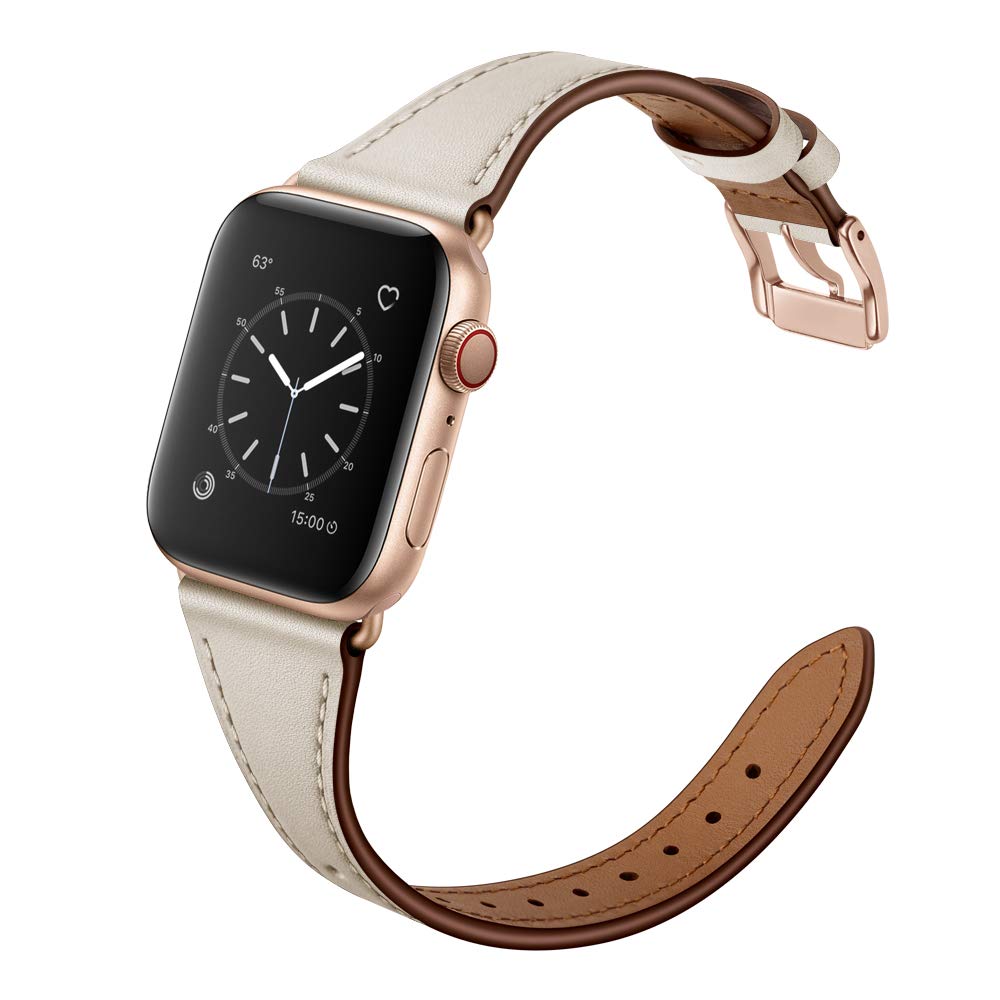 Arktis Lederarmband für Frauen kompatibel mit Apple Watch (Apple Watch Ultra 1/2 49 mm) (Series 7 8 9 45 mm) (Series SE 6 5 4 44 mm) (Series 3 2 1 42 mm) Edelstahlschließe - Ivory White