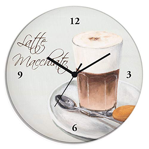 Artland Wanduhr ohne Tickgeräusche Glasuhr rund mit Motiv Design Funkuhr lautlos Größe: Ø 30 cm Getränke Kaffee Weiß T4IO