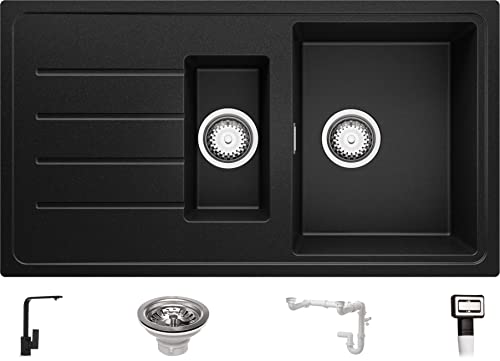 Küchenspüle Schwarz 90 x 50 cm, Spülbecken + Wasserhahn Küche + Ablauf-Set, Granitspüle ab 60er Unterschrank, Einbauspüle von Primagran