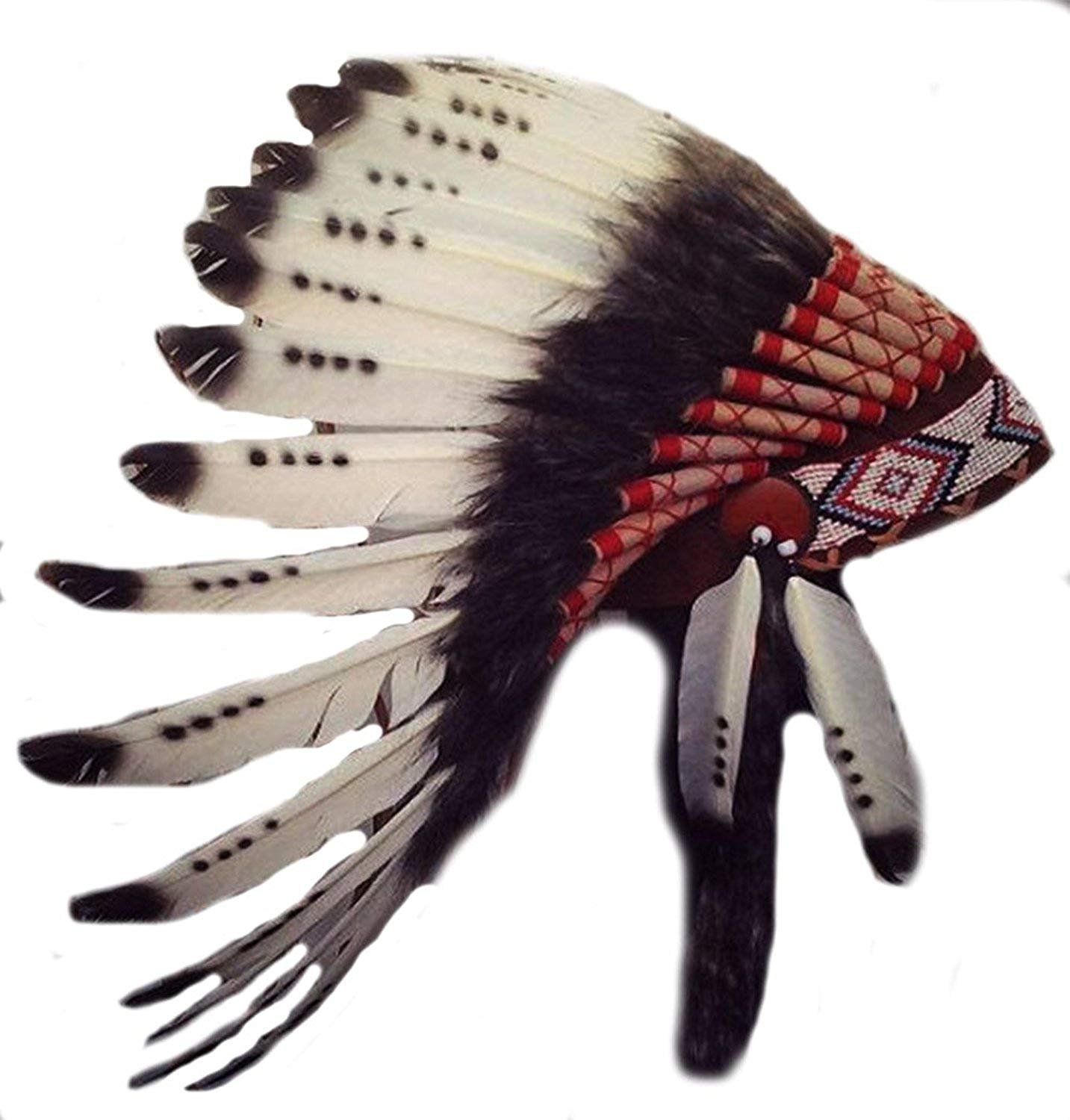 KARMABCN kurzer indischer Kopfschmuck aus weißen Schwanenfedern mit schwarz gesprühten Punkten/Indian Headdress