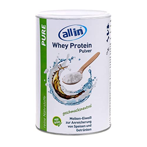 allin PURE reines Whey Protein Pulver 500g ohne Kohlenhydrate - Sportnahrung hochwertiges Molken Eiweißpulver Zuckerzusatz ideal zum Muskelaufbau | Geschmacksneutral leicht löslich