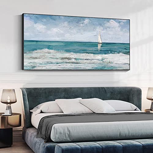 HYFBH Extra große abstrakte Meereslandschaften auf Leinwand, Wandkunst, Bilder, Segelboot, Ozean, Ölgemälde für Wohnzimmerdekoration, 75 x 150 cm/30 x 59 Zoll mit schwarzem Rahmen