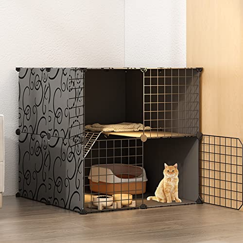 2-stöckiger Laufstall für den Innenbereich, Katzenkäfige für Hauskatzen, Abnehmbarer Kleintierkäfig aus Metall, schwarzer Kätzchen-Laufstall, bietet Platz für 1–2 Erwachsene Katzen