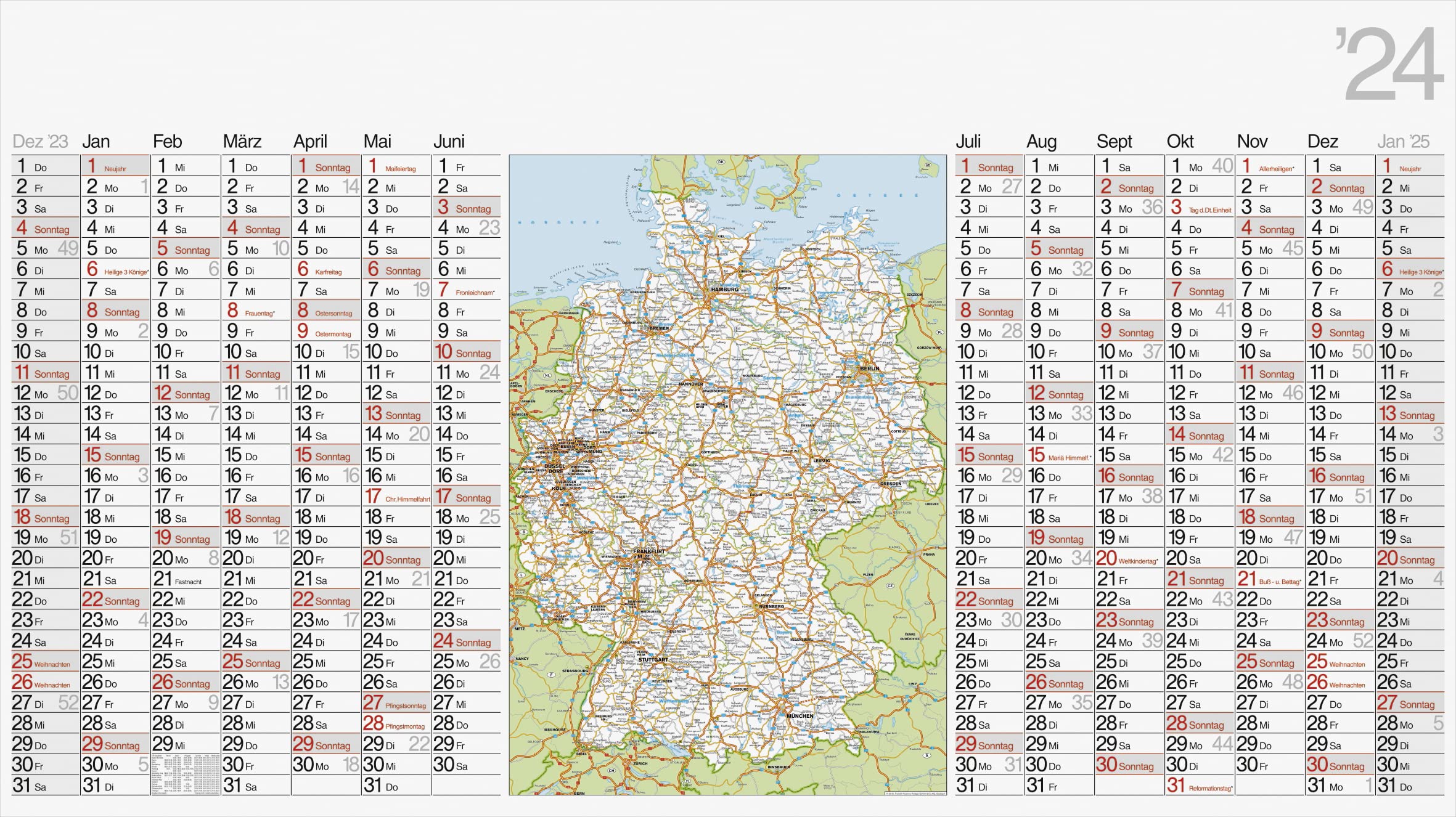 rido/idé Jahreskalender 2024 1 Seite = 14 Monate 114 x 64 cm weiß