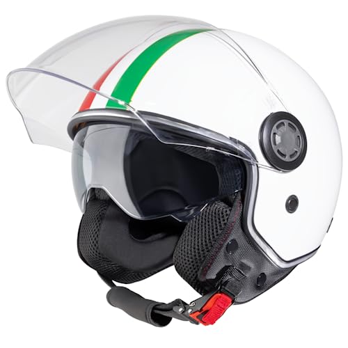 VINZ Varese Jethelm mit Doppelvisier | Roller Helm Fashionhelm mit Italienische Flagge | In Gr. XS-XXL | Jet Helm mit Sonnenblende | ECE 22.06 Zertifiziert | Motorradhelm mit Visier - Weiß