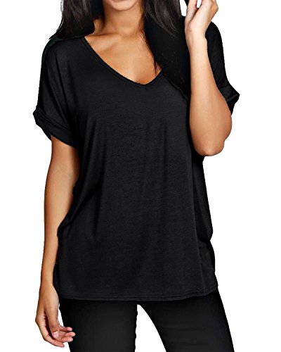 ZANZEA Damen V-Ausschnitte Kurz Ärmel Lose Langshirt T-Shirt Tops Bluse Schwarz EU 42-44/Etikettgröße L