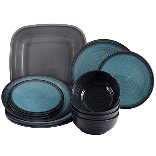Melamin Geschirr für 4 Personen in Blau Granit-Optik 13 Teile - mit Waschschüssel - mit je 4 großen Teller, 4 Dessertteller, 4 Schälchen - sehr robust dickwandig - farbecht - modernes Design - leicht