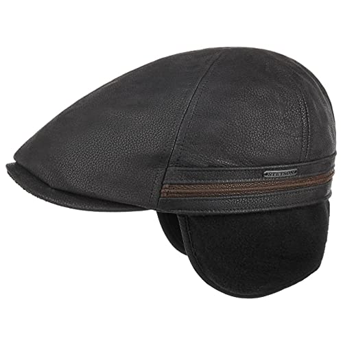 Stetson Redding Earflap Flatcap für Herren Gatsby Ledercap mit Schirm, Ohrenklappen, Futter Herbst Winter (M (56-57 cm) - schwarz)