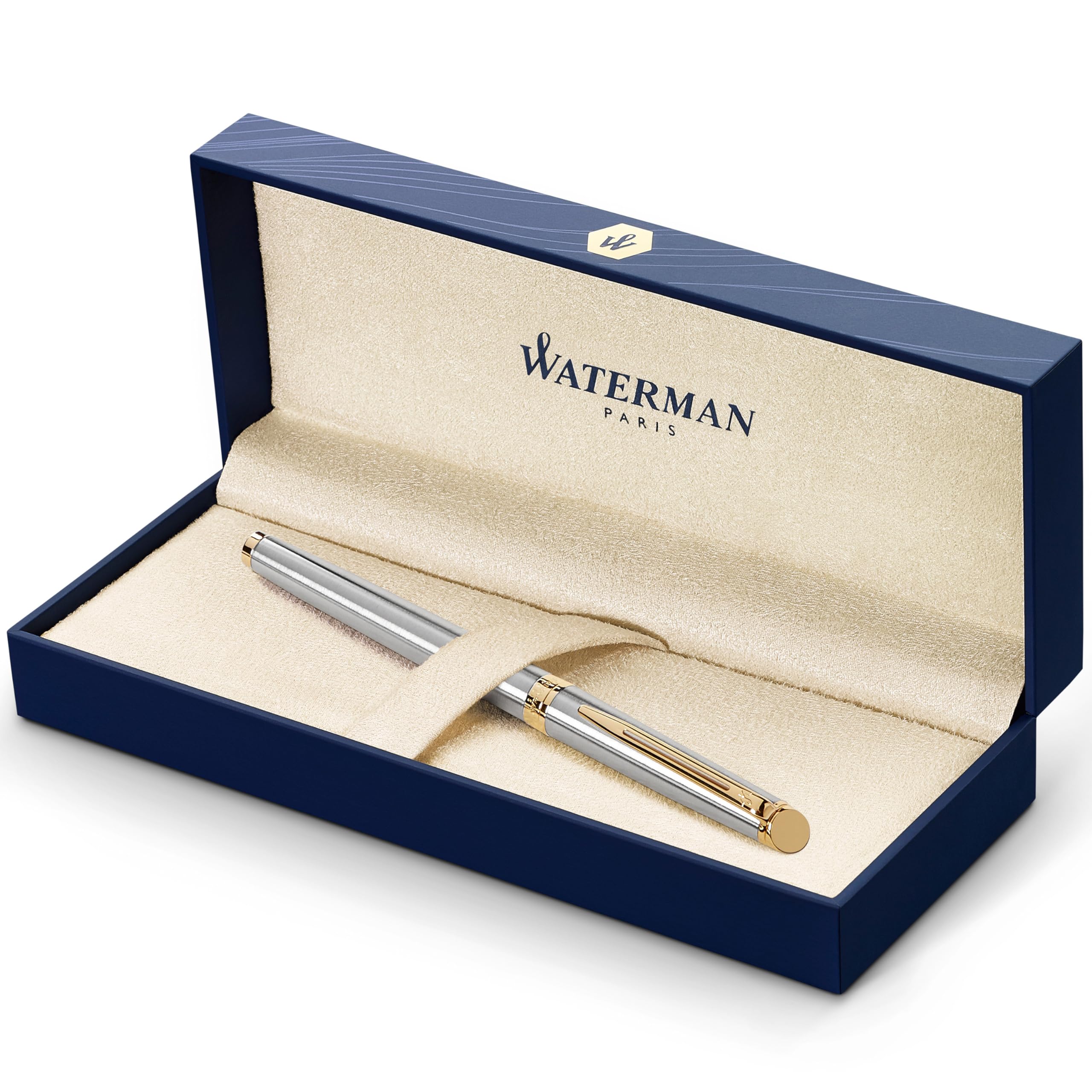 Waterman Hémisphère Füller | Edelstahl mit Zierteile aus 23 K Gold | Füllfederhalter mit mittlerer Feder und blauer Tinte | Geschenkbox