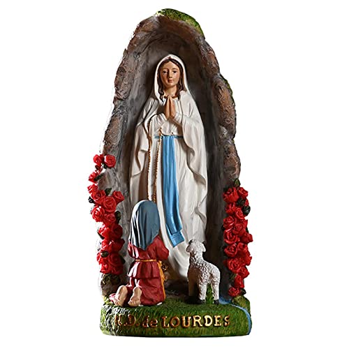 runnerequipment Gartenstatue – katholisches Geschenk Jungfrau Maria Statue – Unsere Frau von Lourdes mit St. Bernadette und Lamm Figur – Harzornamente Dekor religiöse Figur für Dekoration Weihnachten