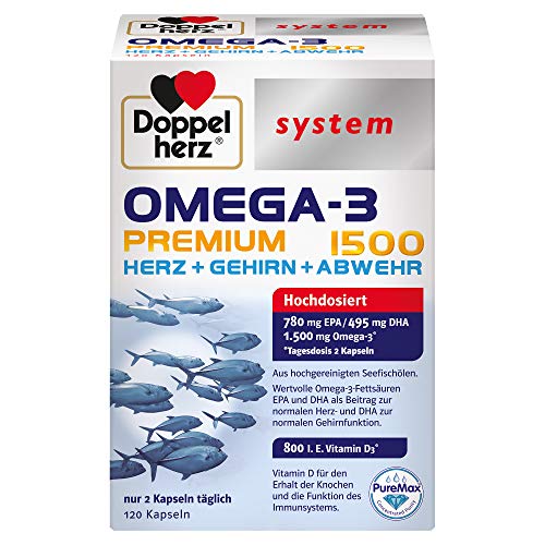 Doppelherz system Omega-3 Premium 1500 – Hoher Gehalt an wertvollen Omega-3-Fettsäuren EPA und DHA als Beitrag zur normalen Herzfunktion – 120 Kapseln