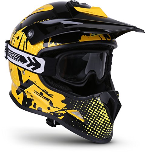 SOXON® SKC-33 Set „Fusion Yellow“ · Kinder Cross-Helm · Motorrad-Helm MX Cross-Helm MTB BMX Cross-Bike Downhill Off-Road Sport · ECE 22.05 Schnellverschluss SlimShell Tasche XS (51-52cm)