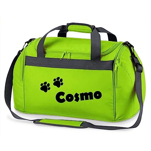 minimutz Sporttasche mit Pfoten | Personalisiert mit Namen | Sporttasche für Tierliebhaber Kinder | Hundetasche für die Tierpension | Reisetasche und Urlaubs-Tasche für Tiere (grün)
