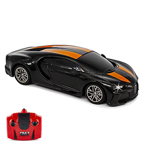 CMJ RC Cars Bugatti Chiron Offiziell Lizenziertes ferngesteuertes Auto im Maßstab 1:24 mit funktionierenden Lichtern 2.4Ghz (Schwarz/Orange)