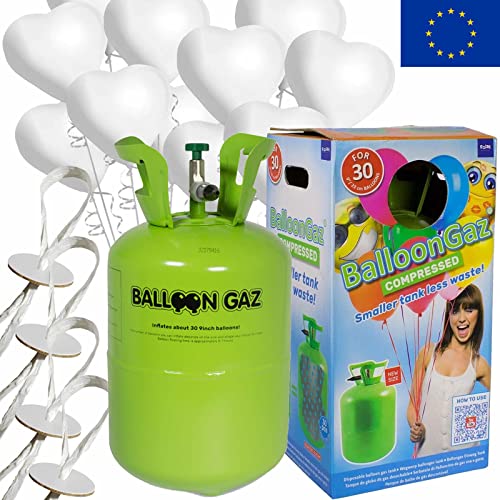 Helium Ballongas + Herzballons + Öko-Ballonbänder | 30er Heliumflasche + Knickventil + 16 Herz Luftballons + 50 Bänder | Herzen Geburtstag Party Hochzeit, Edition: Set mit 16 weißen Herzballons