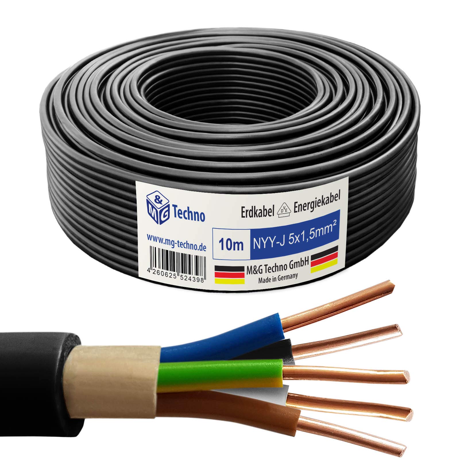M&G Techno 10m NYY-J 5x1,5 mm² Erdkabel Elektro Strom Kabel Kupfer eindrähtig Made in Germany