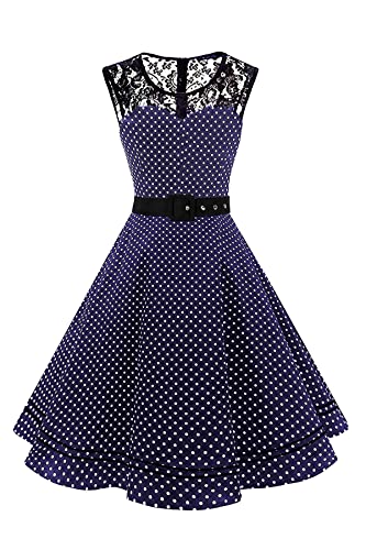 AXOE Damen 50er Jahre Kleid Retro Gepunktetes mit Gürtel Elegant Abendkleid Navy Gr.38, L