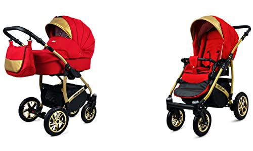 BabyLux Gold Lux 2-in-1 Baby Kinderwagen Tief und Kinderwagen mit Zubehör Verstellbar und faltbar Aluminium Konstruktion Wasserdicht Nicht abnehmbare Räder Scarlet Gold Frame