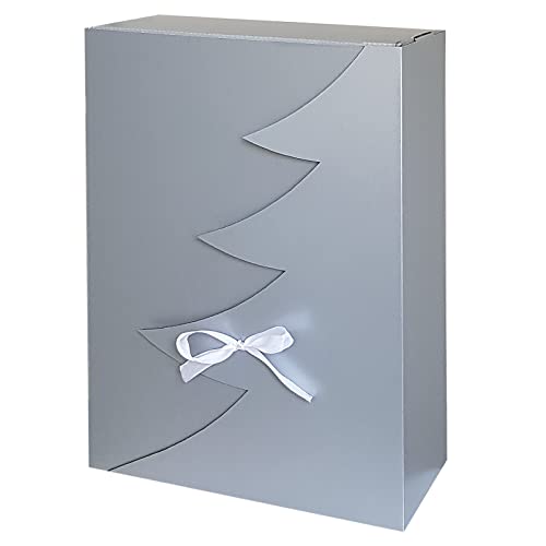 Premium Silberne Weihnachtsbaum Geschenkbox – 24 Stk – 35x25x10 cm | Eingetragenes EU-Design | Satinband | Nachhaltige Verpackungslösung