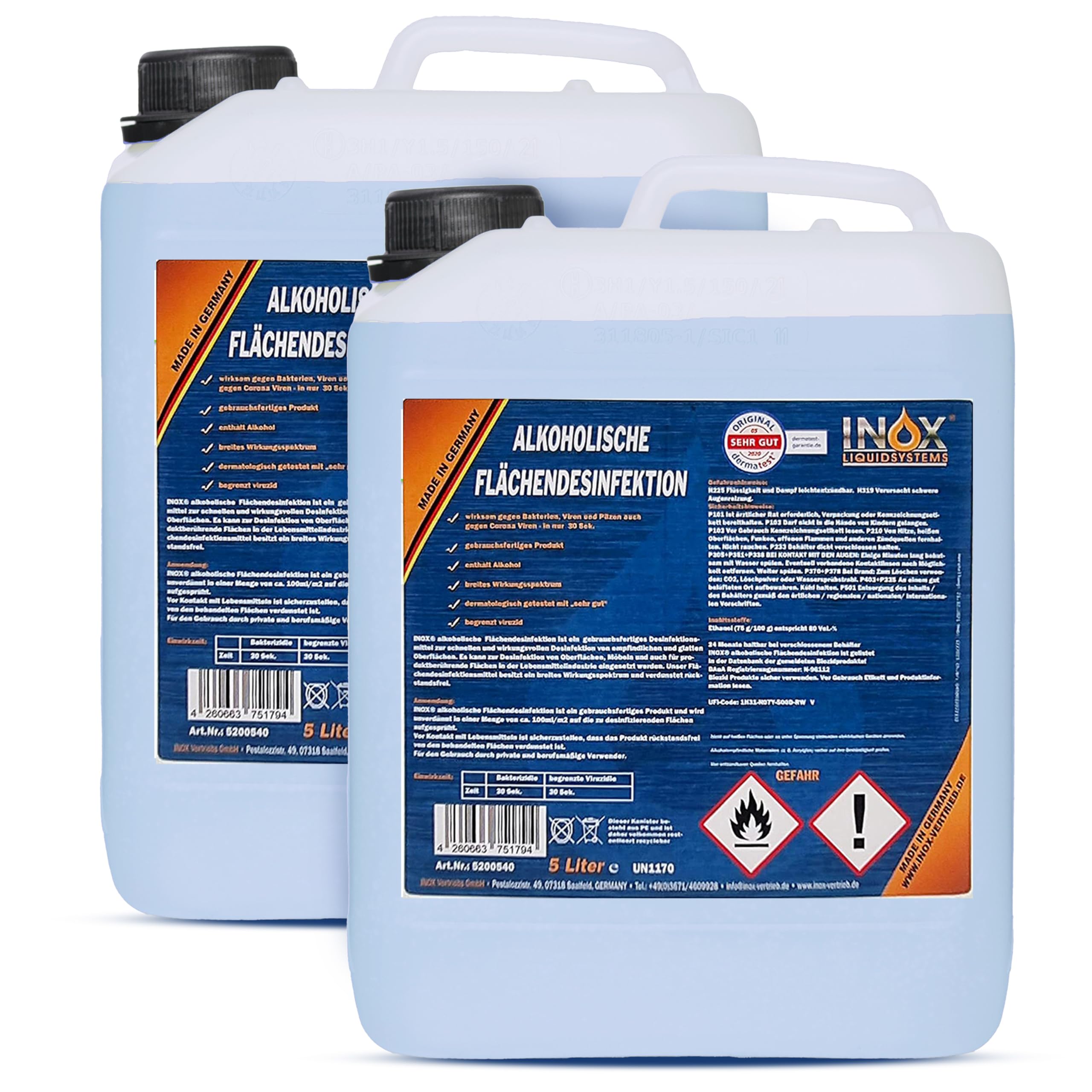 INOX® alkoholisches Flächendesinfektionsmittel 2 x 5L - Hochwirksame Flächendesinfektion mit Alkohol - Ideales Desinfektionsmittel für alle glatten Oberflächen