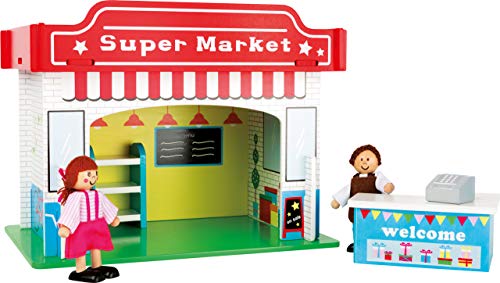 small foot 10853 Spielhaus Supermarkt aus Holz, mit 2 Puppenfiguren, Zubehör und abnehmbarem Dach, ab 3 Jahren
