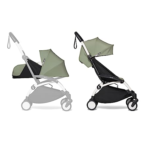BABYZEN YOYO2 Kompletter Kinderwagen - Inklusive YOYO 0+ Neugeborenen Set (Olive), Kinderwagengestell (White) & 6+ Textilset (Olive) - für Kleinkinder bis 22 kg