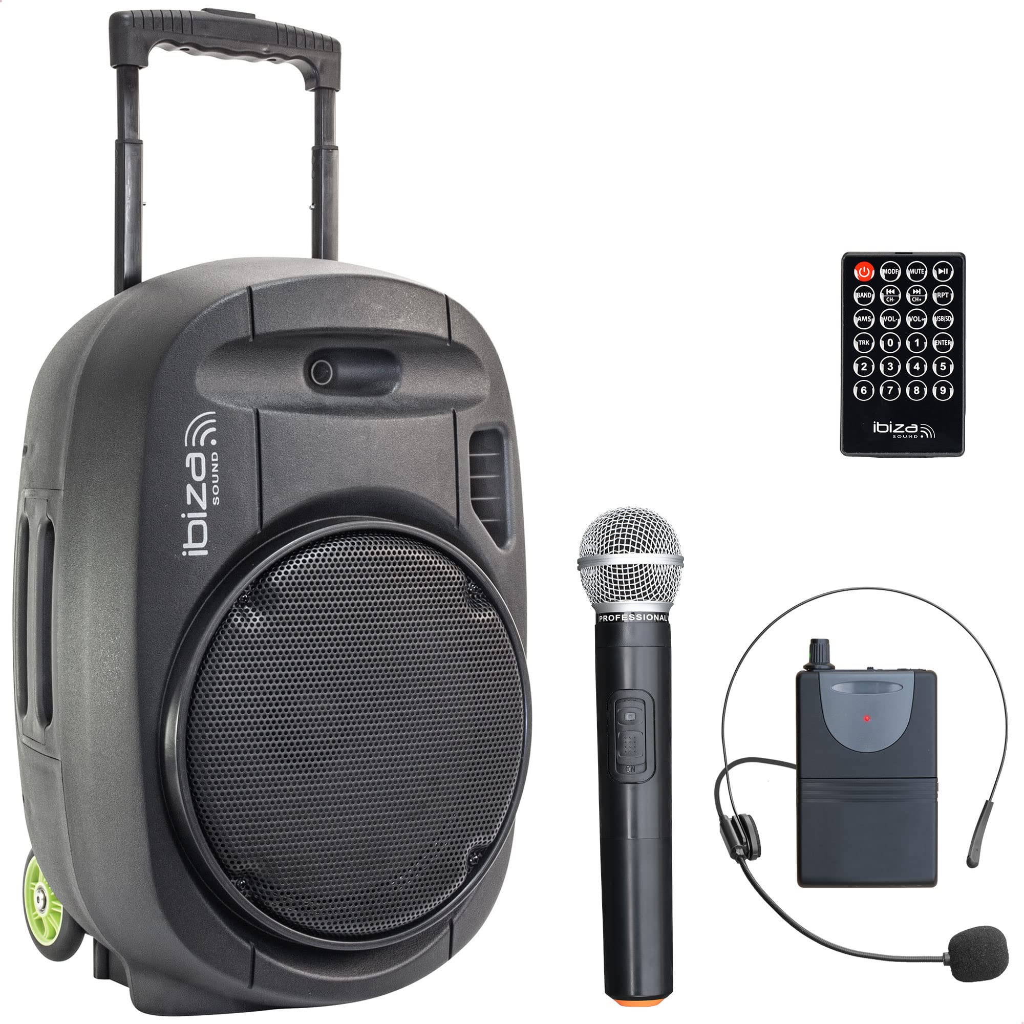 PORT12VHF-MKII - IBIZA - Tragbarer Lautsprecher (12"/700W MAX) mit 2 Mikrofonen (VHF), Fernbedienung und Zubehörtasche - Bluetooth, USB, SD - 5-7 Std. Wiedergabezeit.