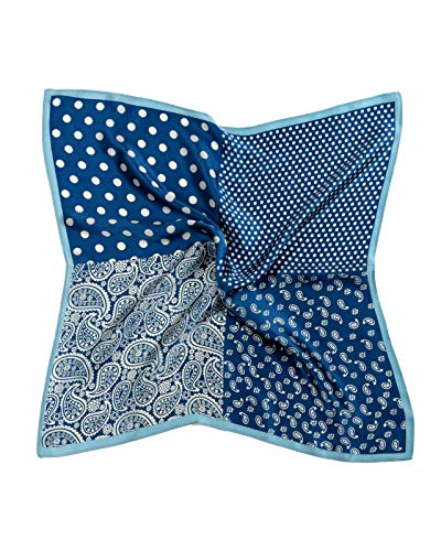 MayTree Seidentuch, buntes Halstuch für Damen aus 100% Maulbeer-Seide, quadratisch Punkte Paisley Mix 53x53 blau weiss