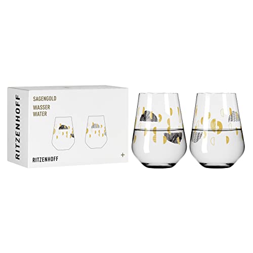 Ritzenhoff 3421002 Wasserglas 500 ml – Serie Sagengold Nr. 2 – 2er Set mit Traubenmotiv, Echt-Gold – Made in Germany