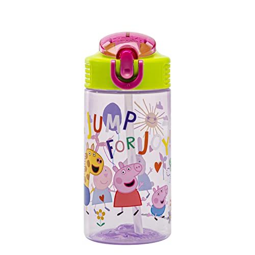 Zak Designs Peppa Pig Kinder-Wasserflasche für Schule oder Reisen, 473 ml, langlebige Kunststoff-Wasserflasche mit Strohhalm, Griff und auslaufsicher, Pop-Up-Ausgießer (Peppa & Friends)