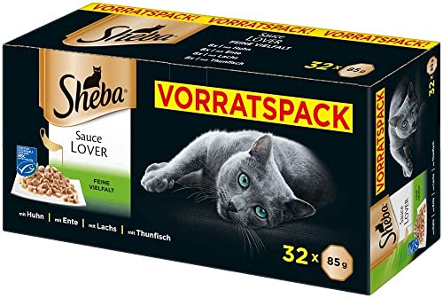 Sheba Sauce Lover – Katzennassfutter in der Schale – Feine Vielfalt – Herzhafte Häppchen (MSC) in Sauce für ausgewachsene Katzen – Katzenfutter – Vorratspack (32 x 85g)