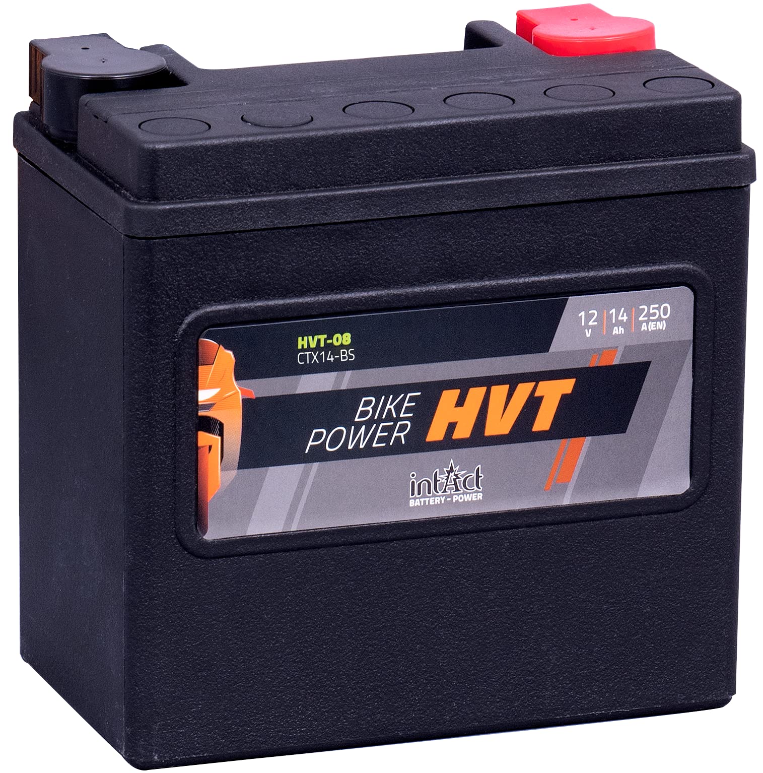 intAct - HVT MOTORRADBATTERIE | Batterie für Motorrad, Rasentraktor. Wartungsfreier & auslaufsicherer Akku. | HVT-08, CTX14-BS, 65948-00, 12V Batterie, 14 AH (c20), 250 A (EN) | Maße: 150x87x145mm